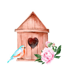 Empty wooden old birdhouse. Hand drawn watercolor illustration with pink peonies flowers and buds and colorful bird. Greeting card Mother's Day, Birthday, Easter.