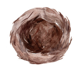 Hand drawn watercolor drawing of bird's nest isolated on white background. Artistic illustration in boho style.
