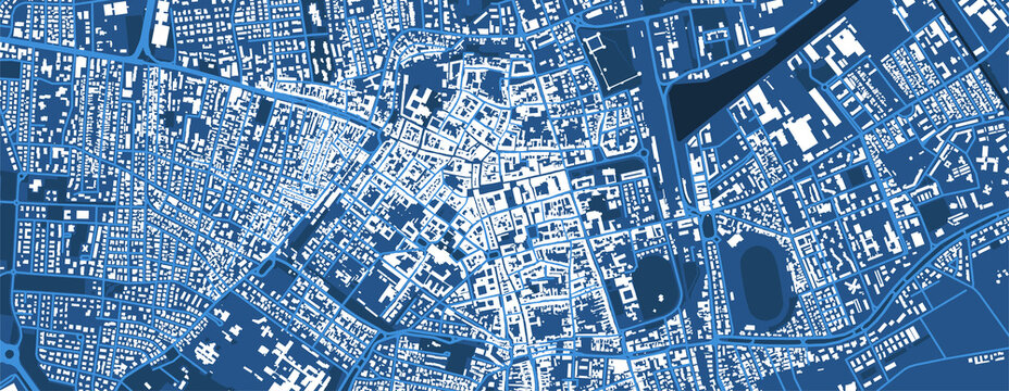 Detailed blue vector map poster of Ravenna city, linear print map. Skyline urban panorama.