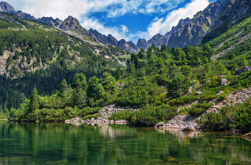 Fototapeta na wymiar Beautiful summer landscape of High Tatras, Slovakia - Poprad lake, lush forest, rocks in pure water, mountains and white clouds on the sky