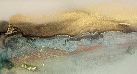 Art Abstract smoke painting blots horizontal background. Alcohol ink blue, beige and gold colors....