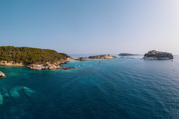 Italy, July 2022. Aerial view of the Quakes islands with their Caribbean sea