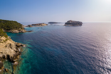 Italy, July 2022. Aerial view of the Quakes islands with their Caribbean sea