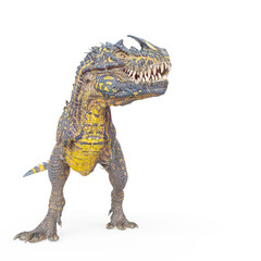 Fototapeta premium dinosaur monster is standing up and also looking for food on white background with copy space