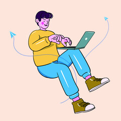 Guy with laptop floating in the air, learning progress 