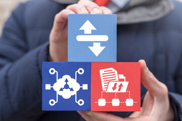 Concept of data migration. Electronic information download, upload, transfer.