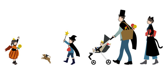 ハロウィンの仮装をしてお出かけしている家族と犬の手描きイラストセット