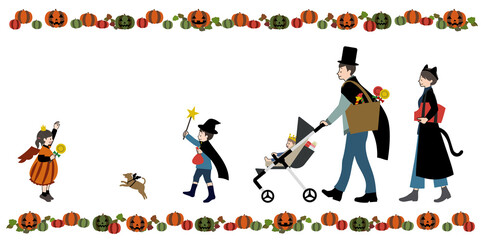 ハロウィンの仮装をしてお出かけしている家族と犬、カボチャのフレームセット