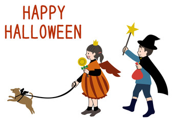 ハロウィンの仮装をしてお出かけしている子供たちと文字のセット