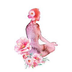 Yoga label isolated on white background. Watercolor woman silhouette with flowers. Meditation illustration