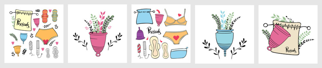 Vector illustration, set. menstruation card collection. Menstruation. Period. Feminine hygiene products. Menstrual cup. Panties, pads, cups. Menstrual protection, feminine hygiene. - obrazy, fototapety, plakaty