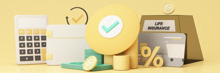 Concept of money protection, financial savings life insurance. Secure investment, surrounding by gold coin and cash with piggy bank isolated on pastel widescreen background realistic 3d render.