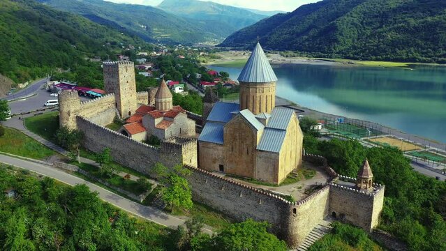 Aerial view of Ananuri Fortress Complex in Georgia.