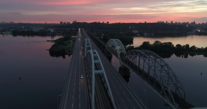 Sunset aerial view on a Darnitsky Bridge in Kyiv,Ukraine
