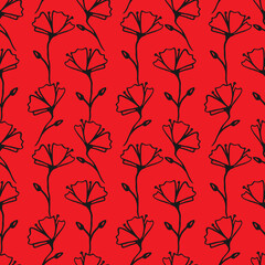 Seamless floral pattern. Simple outline vector illustration. Graphic fabric print template. Doodle line art red background with flowers. Scrapbook or wrapping paper.