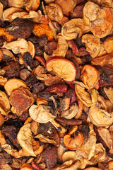 Dried fruits, apples, pears, apricots, plums,grapes,raisins, background top view.