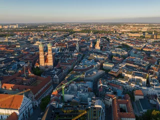 The panorama aerial view of Munchen city centre with Marienplatz and Frauenkirche. © Reelistic