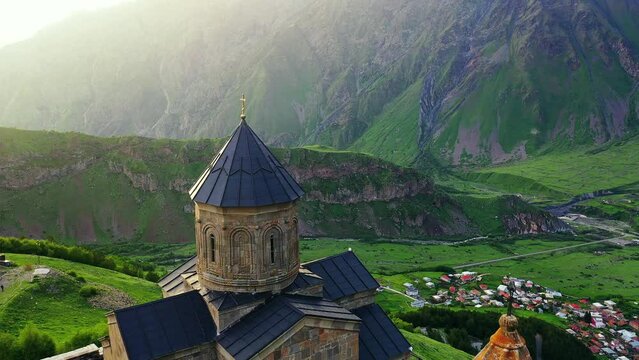 Aerial view of Gergeti Trinity Church in Georgia.