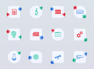 sciences glass morphism trendy style icons. sciences transparent glass color vector icon with color figures. for web and ui design, mobile apps and promo business advertising