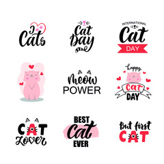 Fototapeta na wymiar Flat Cats illustration and kitten quotes, meow lettering. Cute vector set with handwritten text. Collection for stickers, clothes print, home decor. Modern brush calligraphy for international cat day