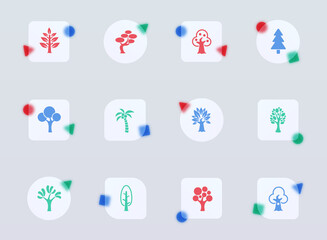 trees glass morphism trendy style icons. trees transparent glass color vector icon with color figures. for web and ui design, mobile apps and promo business advertising