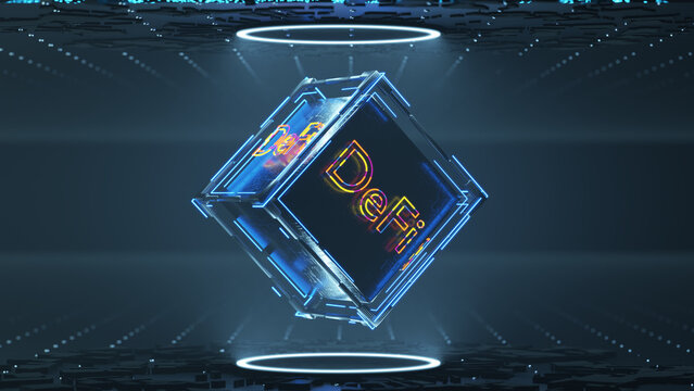 DeFi decentralized finance on a dark blue abstract cube. Blockchain concept, decentralized financial system. 3d rendering
