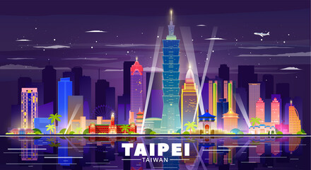 Taipei ( Taiwan ) skyline with panorama in night background. Vector Illustration. Business travel and tourism concept with modern buildings. Image for presentation, banner, web site.