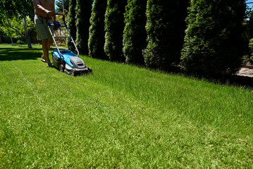 Man worker with lawn mower cutting green grass in backyard, mowing lawn, green thuja trees on background with copy space