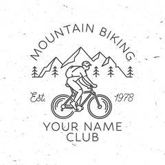 Mountain biking. Vector illustration. Concept for shirt or logo, print, stamp or tee. Vintage line art design with man riding bike and mountain silhouette. Outdoor adventure.