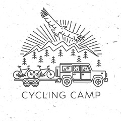 Fototapeta na wymiar Cycling camp. Vector illustration. Concept for shirt or logo, print, stamp or tee. Vintage line art design with car and trailer, mountain bikes and mountain silhouette. Outdoor adventure.