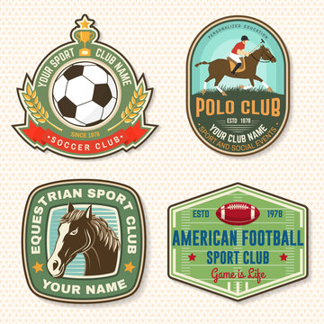 Set of american football, soccer, polo and horse riding club embroidery patch. Vector. Sticker design with soccer, american football sportsman player, helmet, ball rider and horse silhouette.