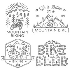 Set of Mountain biking badge, logo, patch. Vector illustration. Concept for shirt or logo, print, stamp or tee. Vintage line art design with man riding bike and mountain silhouette.