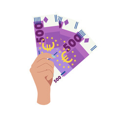 Hand holding paper money European Union. Arm giving banknotes, paying on cash. Currency, bank notes in fingers icon. Finance, payment.