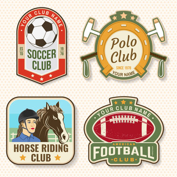 Set of american football, soccer, polo and horse riding club embroidery patch. Vector. Sticker design with soccer, american football sportsman player, helmet, ball rider and horse silhouette.