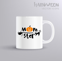 Momster - fun lettering for halloween with pumpkin Jack-o-lanterns. Illustration with coffee mug mockup