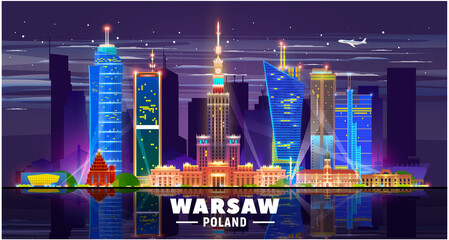 Warsaw (Poland) skyline with panorama on white background. Vector Illustration. Business travel and tourism concept with modern buildings. Image for presentation, banner, web site. - obrazy, fototapety, plakaty