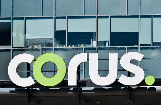 Corus Entertainment sign on downtown building