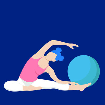 A girl in white leggings and a pink tank top does stretching, flat vector, healthy lifestyle, blue background, faceless illustration