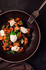 Warm Salad with crispy eggplant and tomatoes, cottage cheese, spices, herbs, sesame seeds, sunflower seeds, Georgian cuisine, no people,