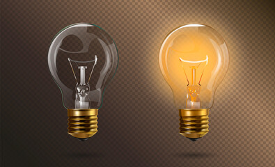 Retro transparent electric edison light bulb with a gold base in switched on and off position. Realistic 3d style. Isolated background. Object for infographics, presentations, web design, poster - obrazy, fototapety, plakaty