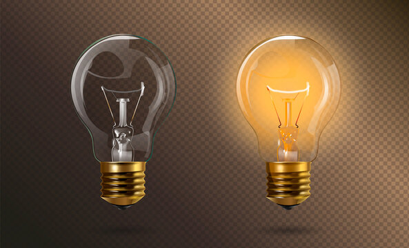 Retro Transparent Electric Edison Light Bulb With A Gold Base In Switched On And Off Position. Realistic 3d Style. Isolated Background. Object For Infographics, Presentations, Web Design, Poster