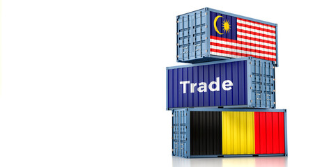 Cargo containers with Malaysia and Belgium national flags. 3D Rendering
