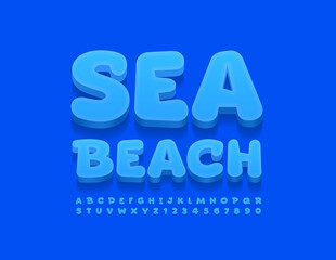 Vector advertising Emblem Sea Beach. Artistic 3D Font. Blue Alphabet Letters, Numbers and Symbols set
