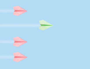 Outstanding green origami plane flying ahead of pink ones on blue sky background. Leadership, creativity concept. Victory in competition. High quality photo