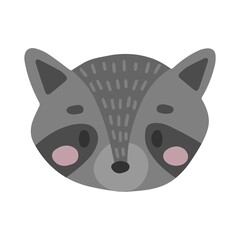 Hand drawn vector illustration of a cute funny raccoon head. Isolated objects on white background. Scandinavian style flat design. Concept children print. Woodland animal.