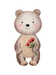 Bear with bouquet of red flowers. Watercolor illustration isolated on white background.