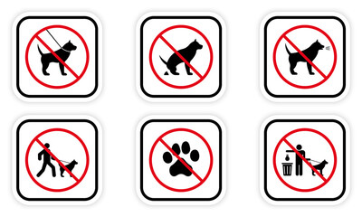 Ban Dog Black Silhouette Icon Set. Forbid Pet Entrance Walk Pictogram. Park Zone Red Stop Symbol. No Allowed Animal Toilet Sign. Canine Prohibited. Clean After Dog Poop. Isolated Vector Illustration