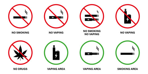 Ban Zone Smoke Drug Electronic Cigarette Nicotine Vaping Set Icon. Notice No Vape Smoke Area Prohibited Pictogram. Allow Smoking Green Sign. Forbidden Smoke Area Sign. Isolated Vector Illustration © Toxa2x2