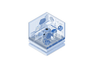 IOT Internet of Things concept. Vector illustration of isometric cube. Connected devices such as autonomous cars and video surveillance. 