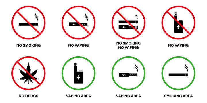 Ban Zone Smoke Drug Electronic Cigarette Nicotine Vaping Set Icon. Notice No Vape Smoke Area Prohibited Pictogram. Allow Smoking Green Sign. Forbidden Smoke Area Sign. Isolated Vector Illustration